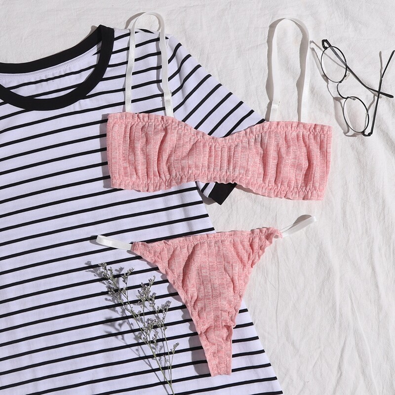 

Plain Lettuce Trim Lingerie Set, Pink