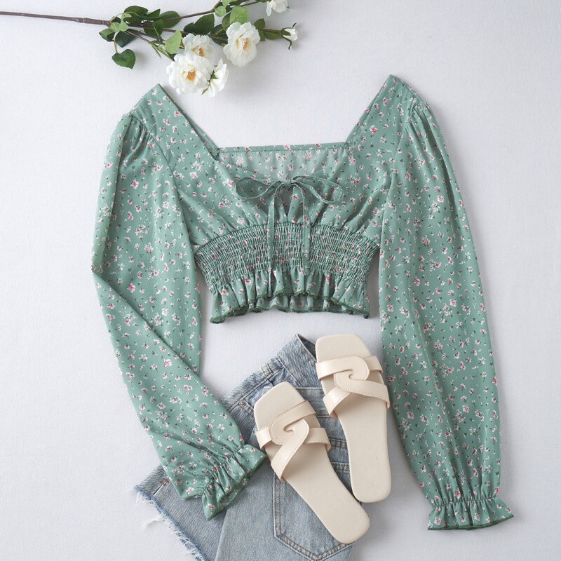 

Ditsy Floral Shirred Crop Top, Green