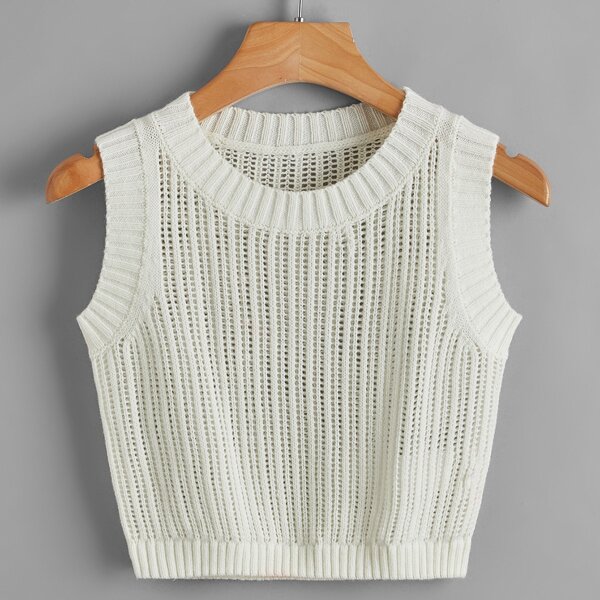

Pointelle Knit Crop Sweater Vest, Beige