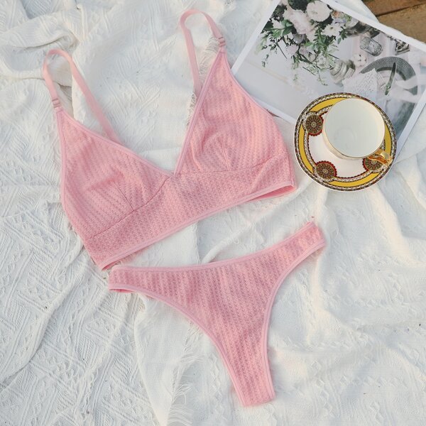

Solid Textured Lingerie Set, Baby pink