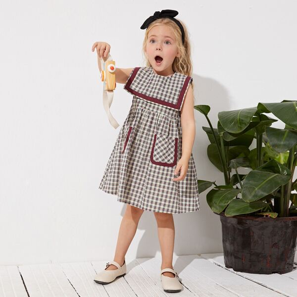

Toddler Girls Sailor Collar Pocket Front Plaid Dress, Multicolor