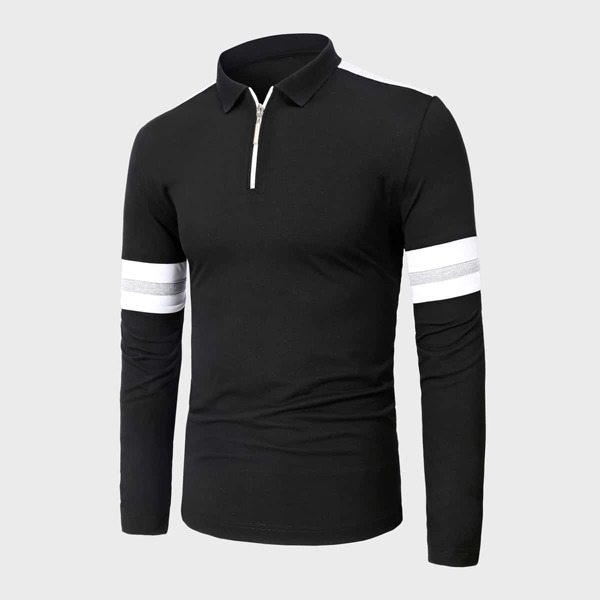 

Men Contrast Panel Half Zip Polo Shirt, Black