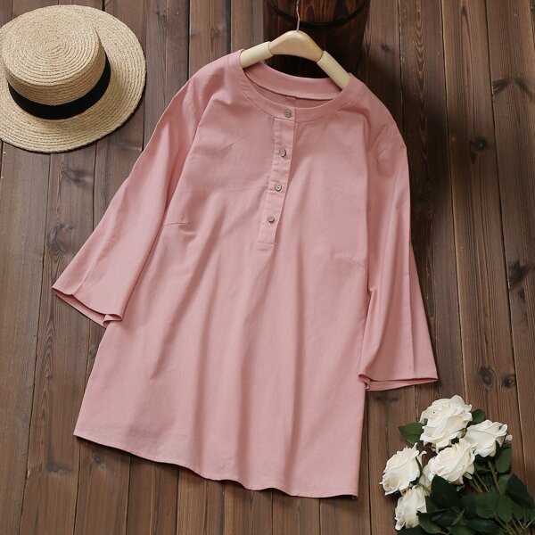 

Plus Solid Half Button Blouse, Dusty pink