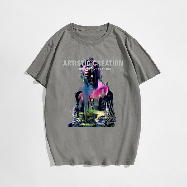 

Men Figure & Letter Graphic Tee, Grey