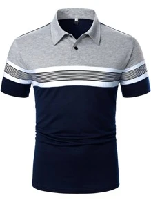 Manfinity Homme Men Striped Half Button Polo Shirt Color Block Work Business Casual Polo Shirt For Husband - Multicolor - View 3