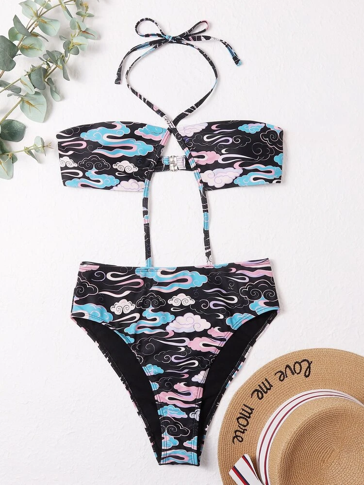 Summer Allover Cloud Pattern Halter One Piece Swimsuit