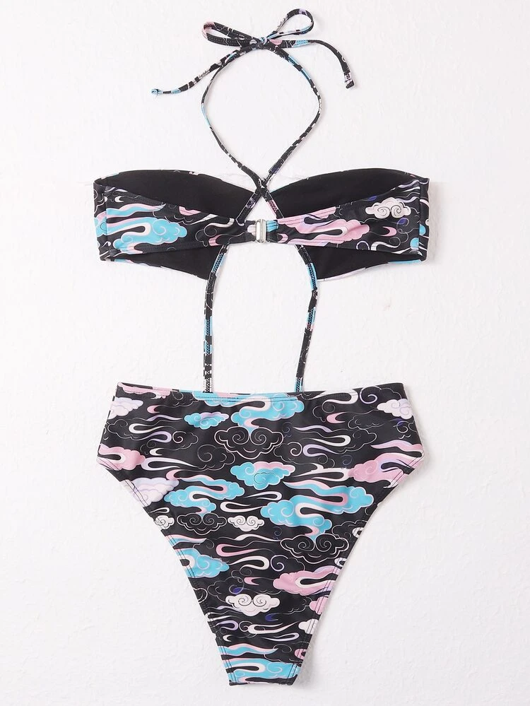 Summer Allover Cloud Pattern Halter One Piece Swimsuit