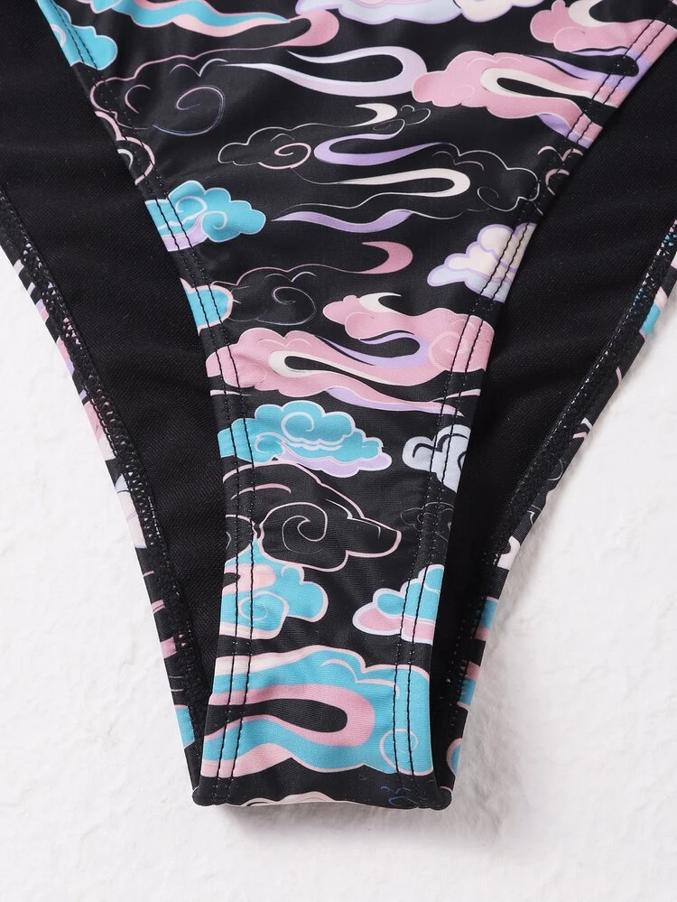 Summer Allover Cloud Pattern Halter One Piece Swimsuit