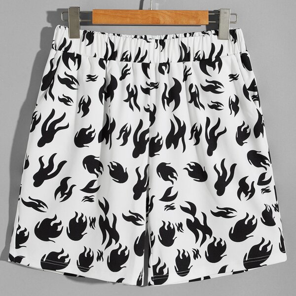 

Men Fire Print Track Shorts, Black and white
