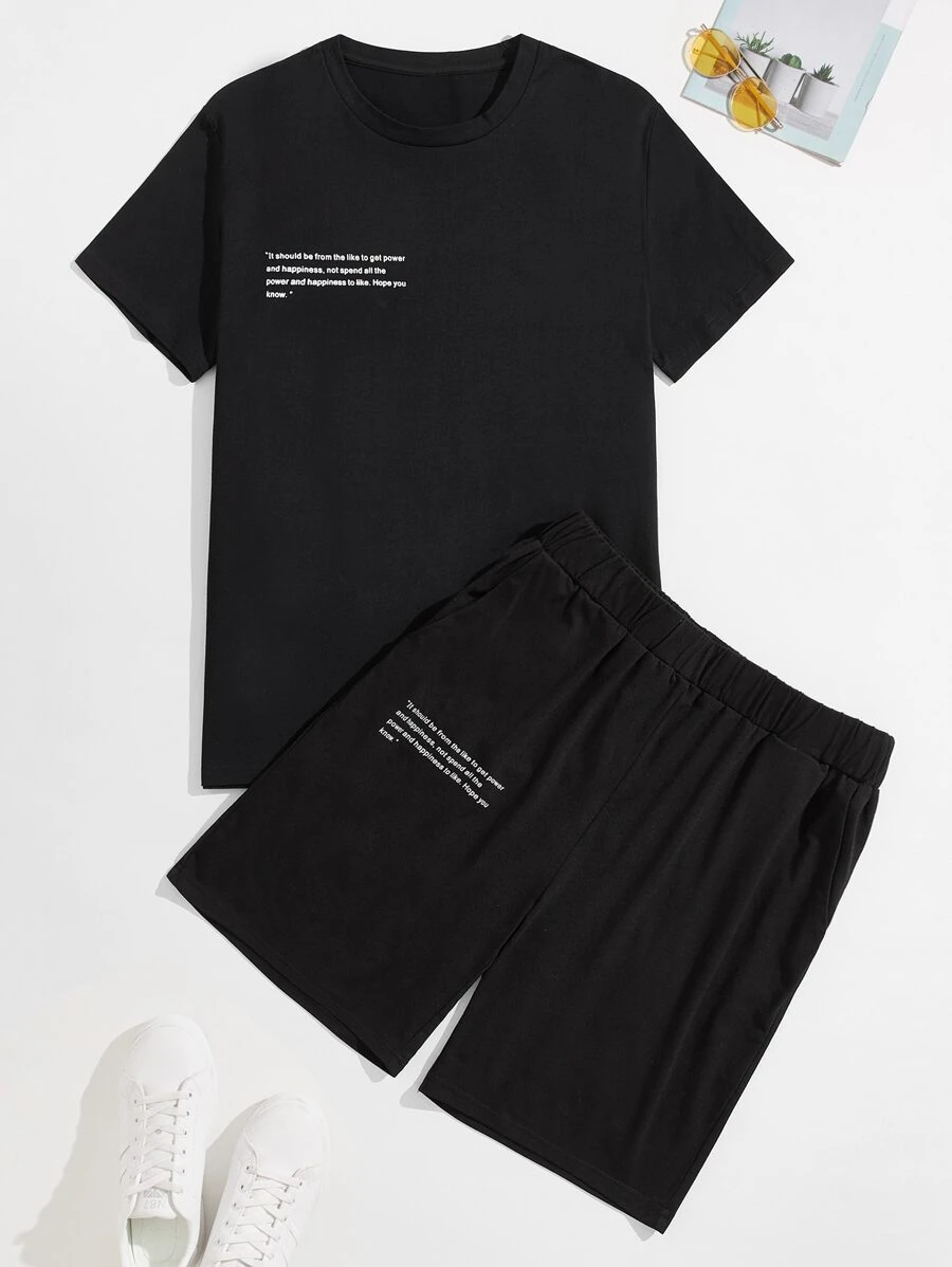 Manfinity Hypemode Men Slogan Graphic Tee & Track Shorts - Black - View 1