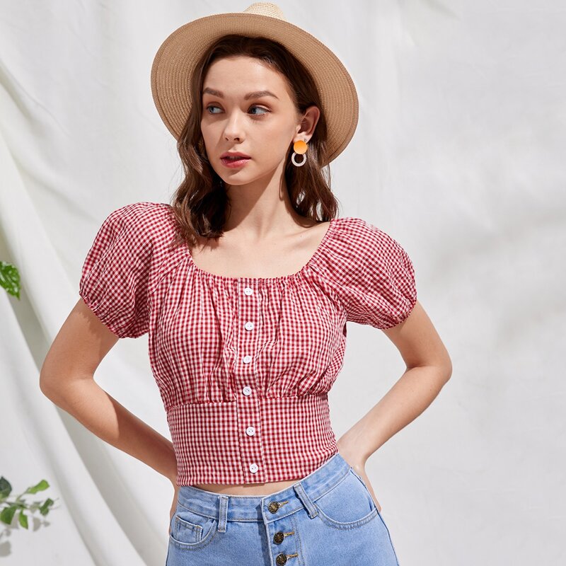 

Gingham Button Front Shirred Blouse, Red and white