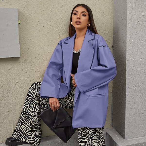 

Single Button PU Leather Oversized Blazer, Violet purple
