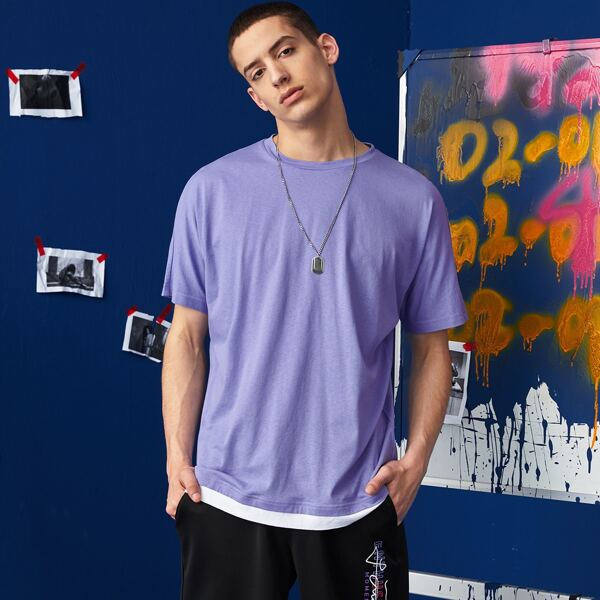 

Men Batwing Sleeve Contrast Hem Tee, Lilac purple