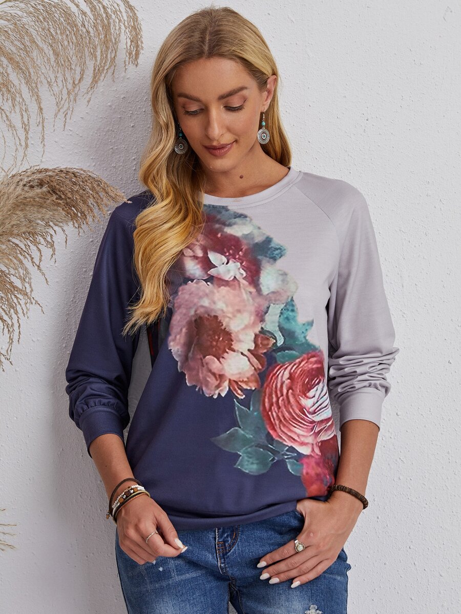 大花卉圖案插肩袖運動衫 - 彩色 - 查看 1