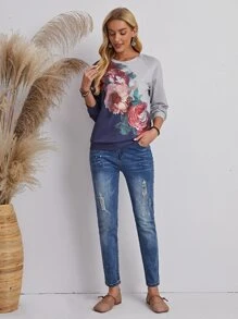 大花卉圖案插肩袖運動衫 - 彩色 - 查看 5