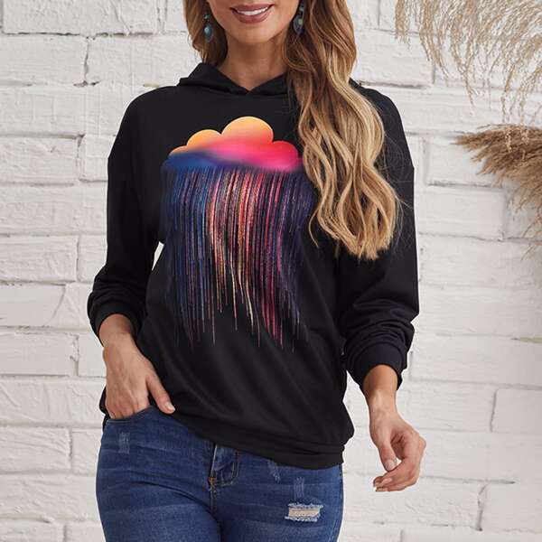 

Graphic Print Drop Shoulder Hoodie, Multicolor