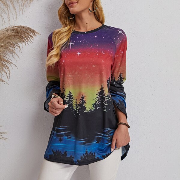 

Landscape Print Raglan Sleeve Longline Tee, Multicolor