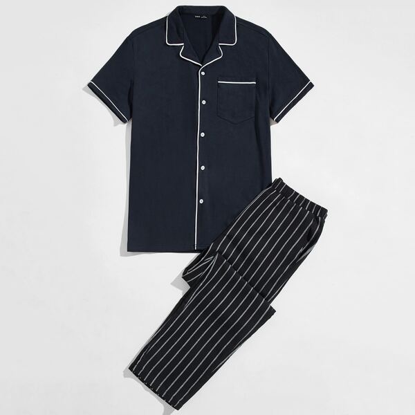 

Men Contrast Tipping Shirt & Striped Pants PJ Set, Multicolor