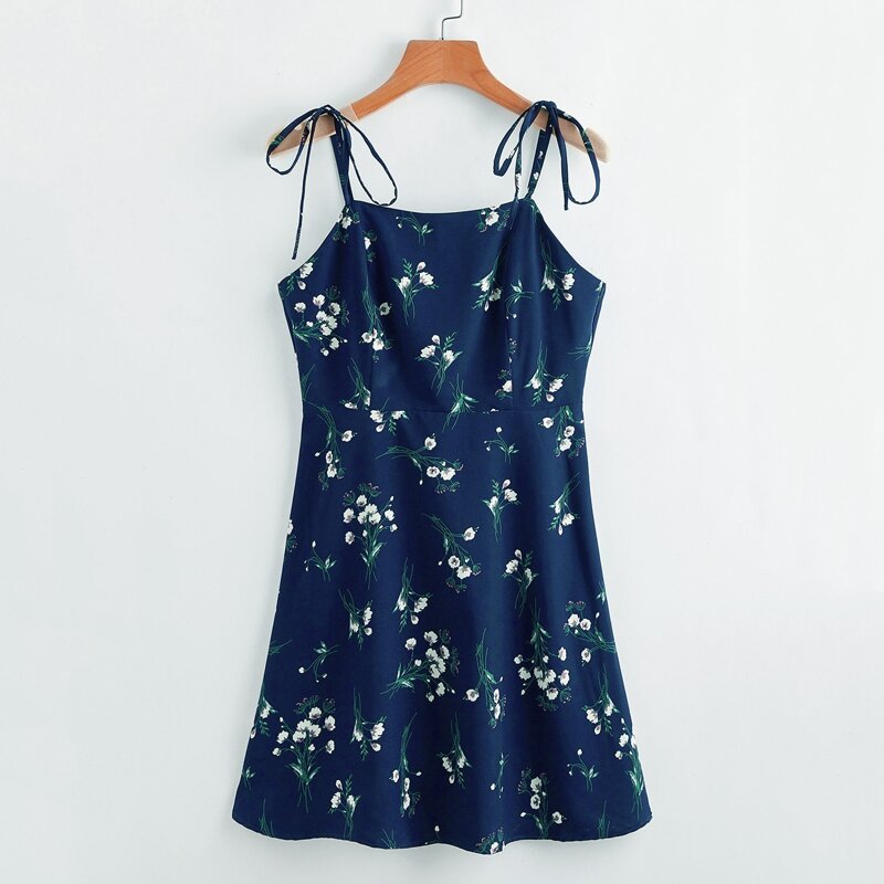 

Tie Shoulder Floral Print Dress, Navy blue