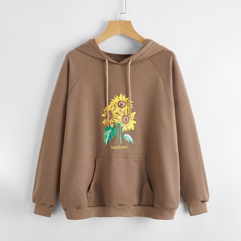 

Kangaroo Pocket Sunflower Drawstring Hoodie, Mocha brown