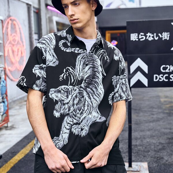 

Men Tiger Print Shirt, Black