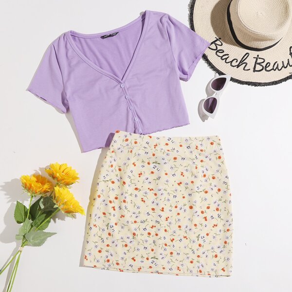 

Crop Tee & Ditsy Floral Skirt Set, Multicolor