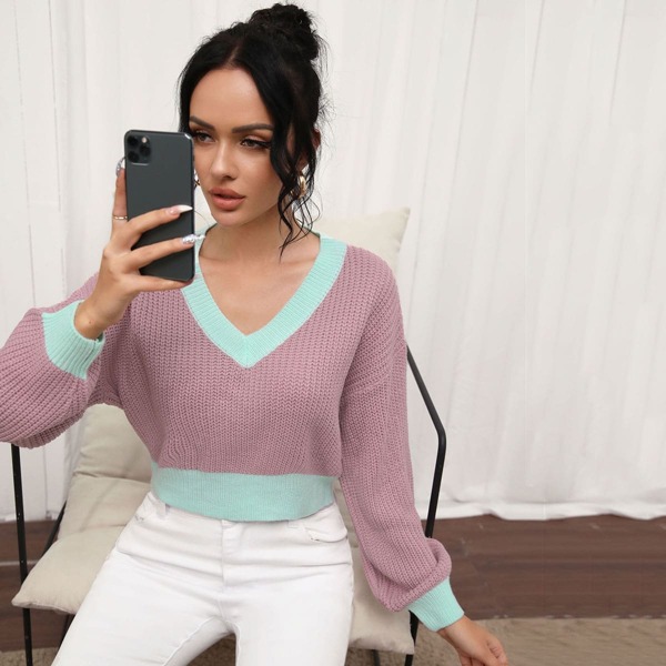 

Color Block Drop Shoulder Sweater, Mauve purple