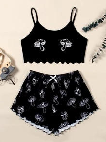 Mushroom Print Lettuce Trim Cami PJ Set / Pajama Set - Black - View 1