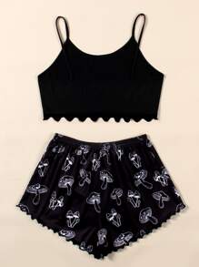 Mushroom Print Lettuce Trim Cami PJ Set / Pajama Set - Black - View 2