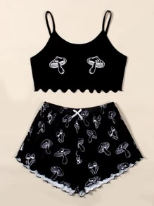 Mushroom Print Lettuce Trim Cami PJ Set / Pajama Set - Black - View 3