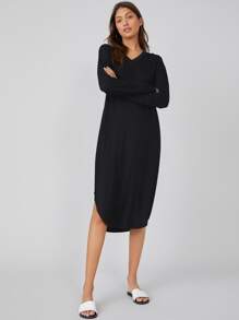 SHEIN BASICS Drop Shoulder Curved Hem Solid Dress - Black - View 1