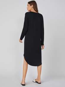 SHEIN BASICS Drop Shoulder Curved Hem Solid Dress - Black - View 2