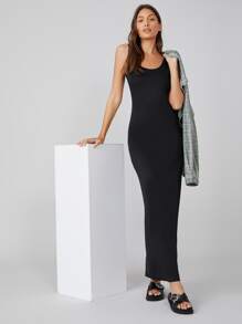 SHEIN BASICS Solid Tank Dress/Summer - Black - View 4