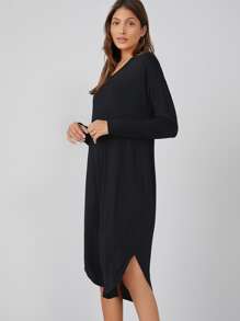 SHEIN BASICS Drop Shoulder Curved Hem Solid Dress - Black - View 3