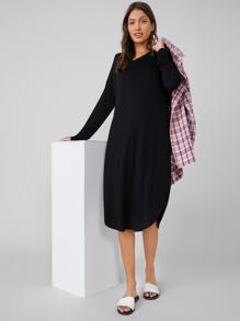 SHEIN BASICS Drop Shoulder Curved Hem Solid Dress - Black - View 4