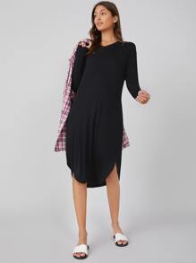SHEIN BASICS Drop Shoulder Curved Hem Solid Dress - Black - View 5