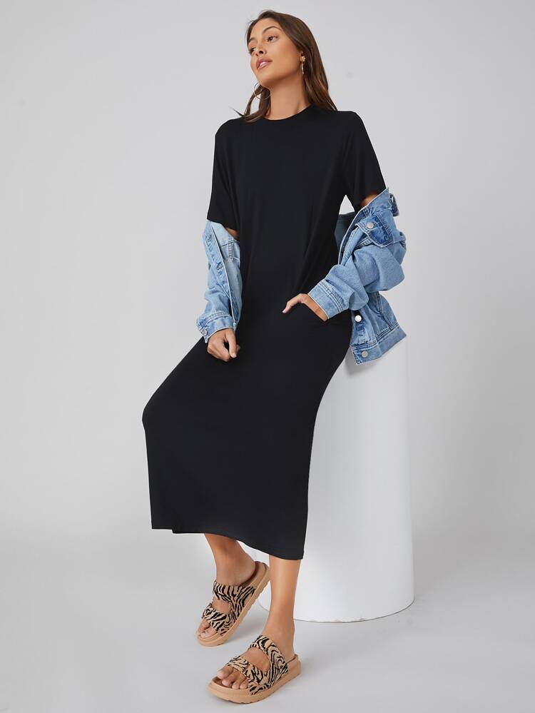 Pocket Side Solid Tee Dress/Summer