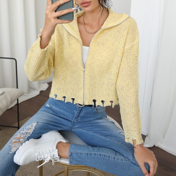 

Zip Front Drop Shoulder Cardigan, Yellow pastel
