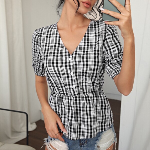 

Plaid Button Detail Peplum Top, Black and white