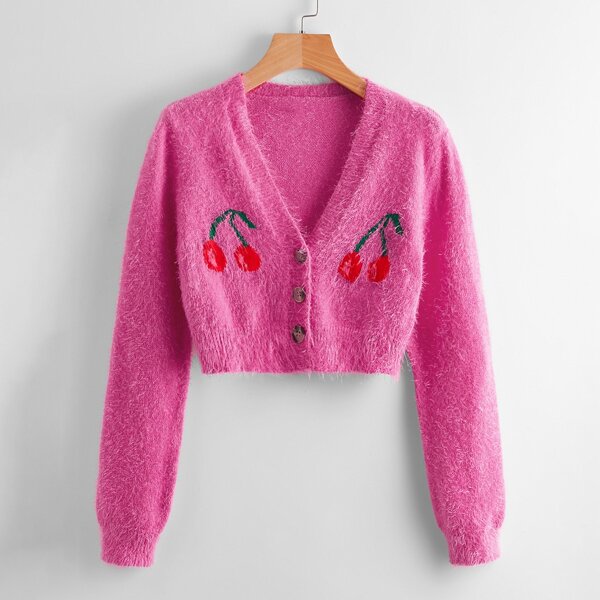 

Cherry Pattern Fuzzy Knit Cardigan, Hot pink