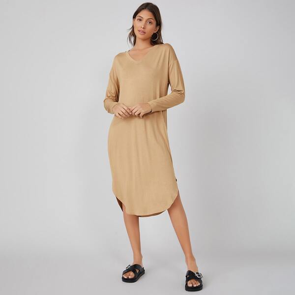 

V-Neck Solid Curved Hem Dress, Khaki