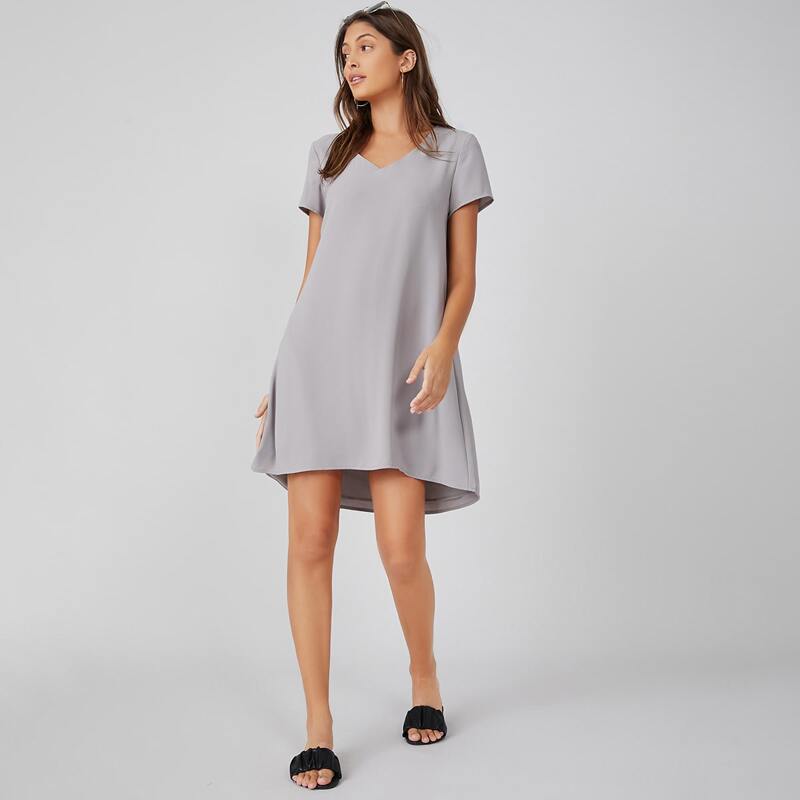 

V-neck Solid Dress, Grey