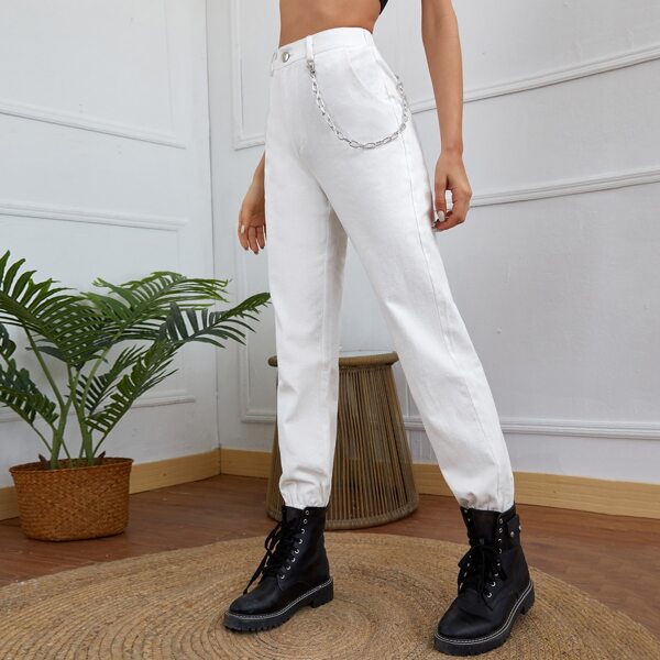 

Solid High-rise Chain Detail Pants, White