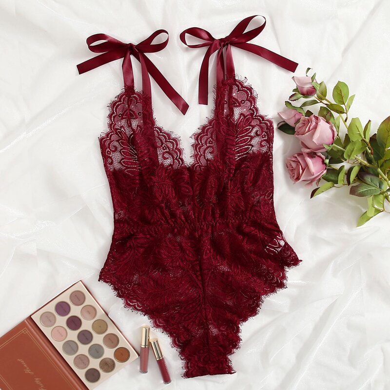 

Tie Shoulder Flower Lace Teddy Bodysuit, Burgundy