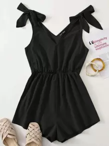 Soleia Knot Shoulder Frill Waist Romper - Black - View 1