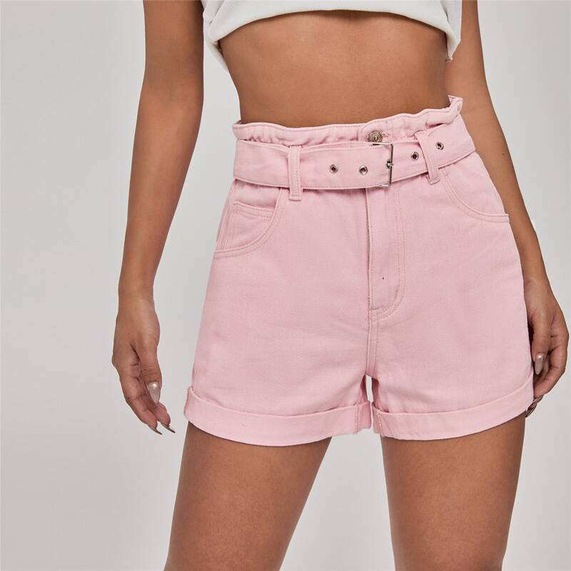 

Roll Up Hem Belted Denim Shorts, Baby pink