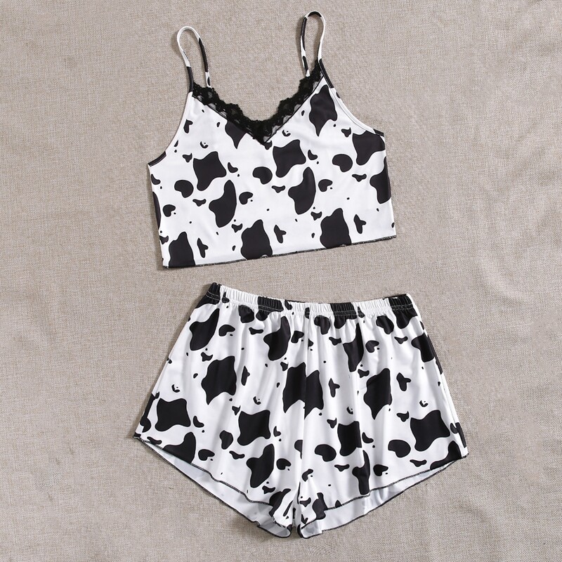 

Contrast Lace Cow Print Pajama Set, Black and white