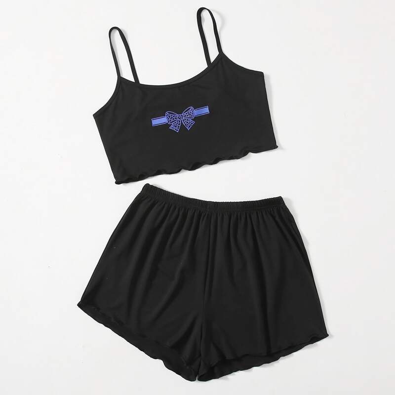 

Bow Graphic Lettuce Trim Pajama Set, Black