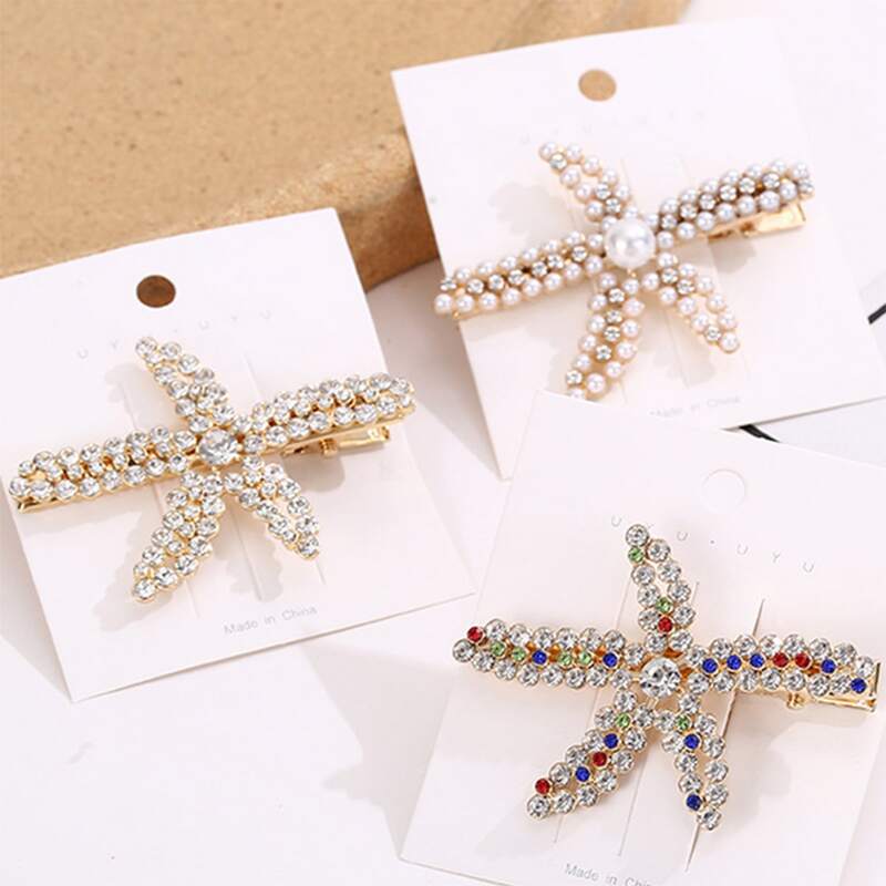 

2pcs Random Rhinestone & Faux Pearl Starfish Hair Clip, Multicolor
