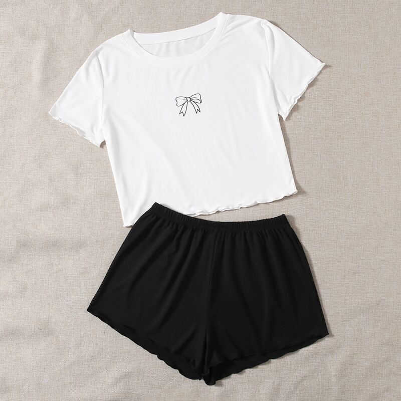 

Bow Graphic Lettuce Trim Pajama Set, Black and white